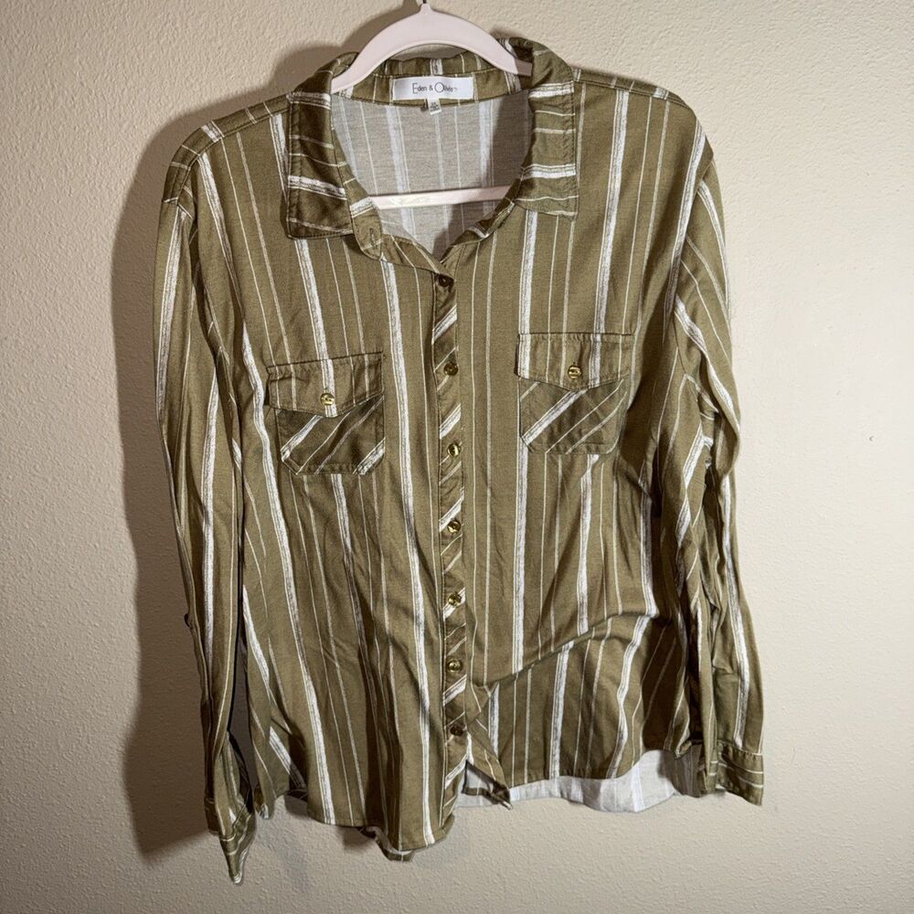 Eden & Olivia Women’s Button Down Shirt Beige Stripes